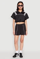 Womens Contrast Piping Varsity Stripe Detail Crop Top,