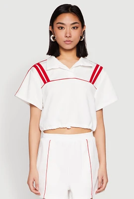 Womens Contrast Piping Varsity Stripe Detail Crop Top, White, Size M