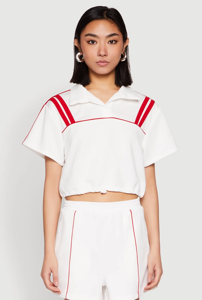 Womens Contrast Piping Varsity Stripe Detail Crop Top, White,