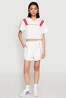 Womens Contrast Piping Varsity Stripe Detail Crop Top, White,