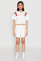 Womens Contrast Piping Varsity Stripe Detail Crop Top, White,