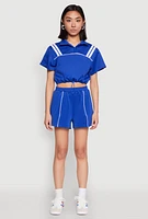 Womens Contrast Piping Varsity Stripe Detail Crop Top, Blue,