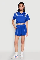 Womens Contrast Piping Varsity Stripe Detail Crop Top, Blue,