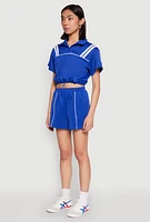 Womens Contrast Piping Varsity Stripe Detail Crop Top, Blue,