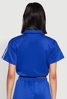 Womens Contrast Piping Varsity Stripe Detail Crop Top, Blue,