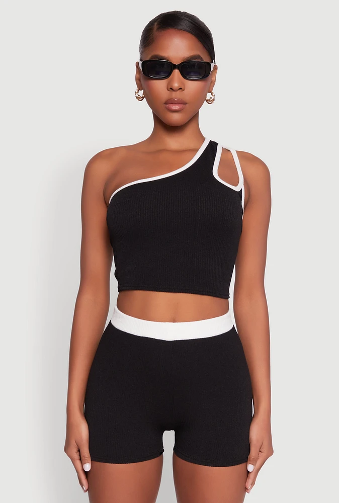 Womens Contrast Trim Keyhole One Shoulder Crop Top, XL