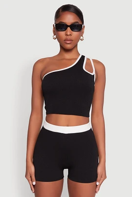 Womens Contrast Trim Keyhole One Shoulder Crop Top, XL