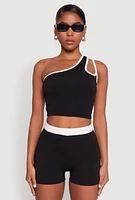 Womens Contrast Trim Keyhole One Shoulder Crop Top, XL