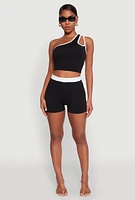 Womens Contrast Trim Keyhole One Shoulder Crop Top, XL
