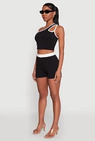 Womens Contrast Trim Keyhole One Shoulder Crop Top, Black,