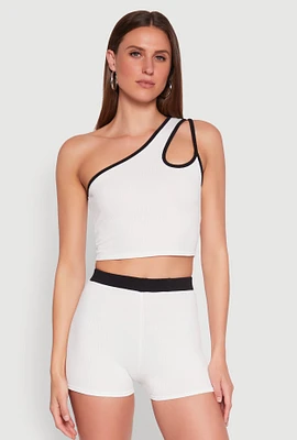Womens Contrast Trim Keyhole One Shoulder Crop Top, White, Size L