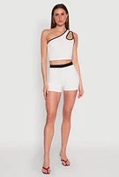 Womens Contrast Trim Keyhole One Shoulder Crop Top, White, Size L