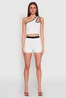 Womens Contrast Trim Keyhole One Shoulder Crop Top, White, Size L