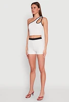 Womens Contrast Trim Keyhole One Shoulder Crop Top, White, Size L