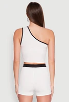 Womens Contrast Trim Keyhole One Shoulder Crop Top, White, Size L