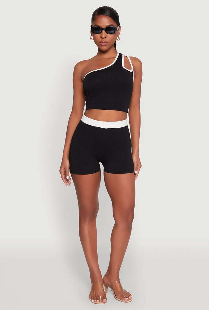 Womens Contrast Waistband Biker Shorts, Black, Size XL