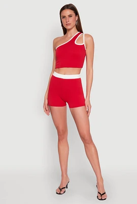 Womens Contrast Waistband Biker Shorts, Red,