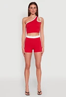 Womens Contrast Waistband Biker Shorts, Red,
