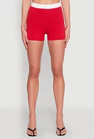Womens Contrast Waistband Biker Shorts, Red,