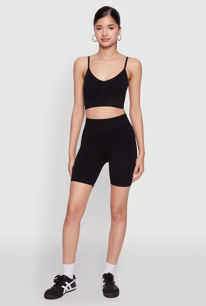 Womens Seamless High Waisted Textured Knit Bike Shorts, Black, Size M-L
