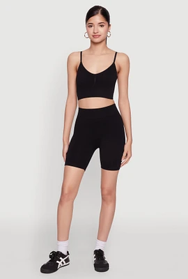 Womens Seamless High Waisted Textured Knit Bike Shorts, Black, Size M-L