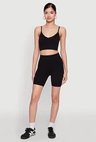 Womens Seamless High Waisted Textured Knit Bike Shorts, Black, Size M-L