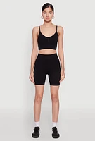 Womens Seamless High Waisted Textured Knit Bike Shorts, Black, Size M-L