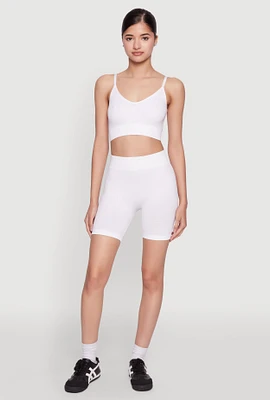 Womens Seamless High Waisted Textured Knit Bike Shorts, White, Size M-L