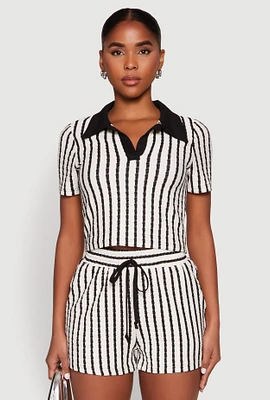 Womens Striped Collared Crop Top, Multi,