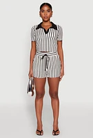 Womens Striped Collared Crop Top, Multi,