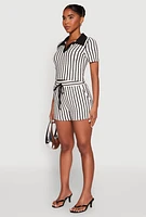 Womens Striped Collared Crop Top, Multi,