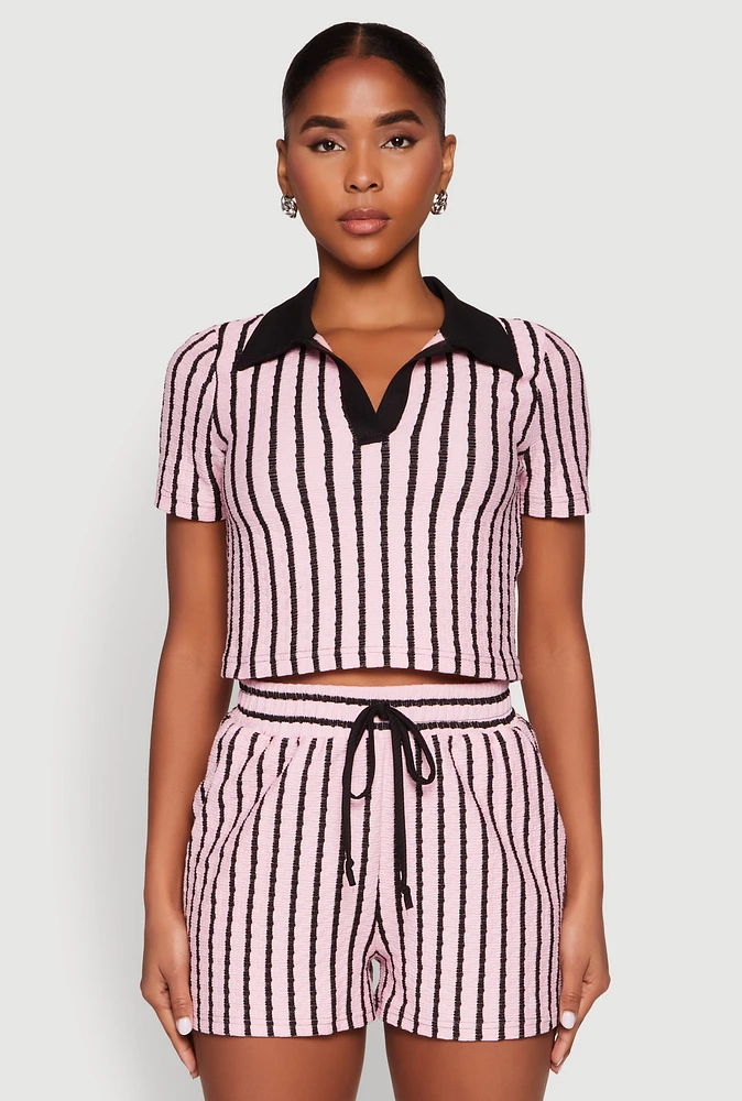Womens Striped Collared Crop Top, Pink, Size S