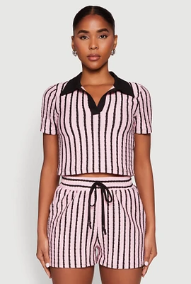 Womens Striped Collared Crop Top, Pink, Size S