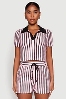Womens Striped Collared Crop Top, Pink, Size S