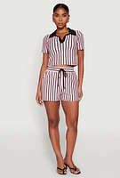 Womens Striped Collared Crop Top, Pink, Size S