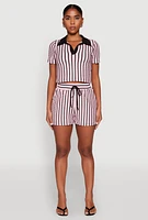 Womens Striped Collared Crop Top, Pink, Size S