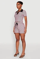 Womens Striped Collared Crop Top, Pink, Size S