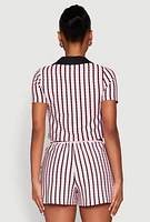 Womens Striped Collared Crop Top, Pink, Size S