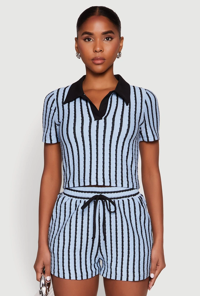 Womens Striped Collared Crop Top,