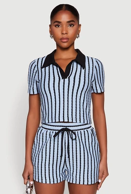 Womens Striped Collared Crop Top,