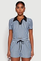 Womens Striped Collared Crop Top,