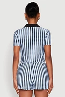 Womens Striped Collared Crop Top, Blue, Size L