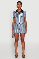 Womens Striped High Waisted Shorts, Blue, Size L