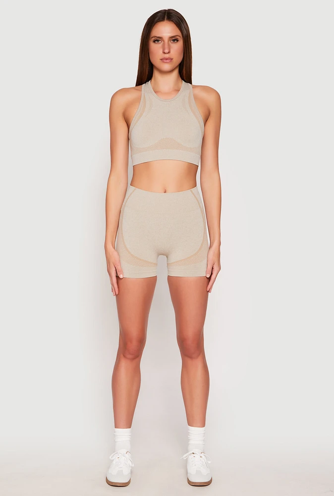 Womens Seamless Contrast Detail Biker Shorts, Khaki, Size M-L