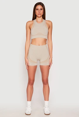 Womens Seamless Contrast Detail Biker Shorts, Khaki, Size M-L