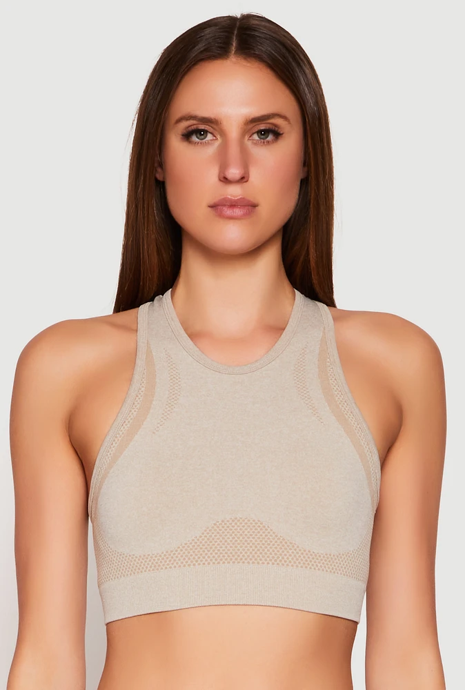 Womens Seamless Racerback Active Crop Top, Beige, Size M-L