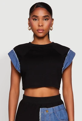 Womens Denim Trim Cap Sleeve Crop Top,