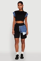 Womens Denim Trim Cap Sleeve Crop Top,