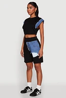 Womens Denim Trim Cap Sleeve Crop Top,