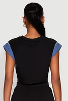 Womens Denim Trim Cap Sleeve Crop Top,